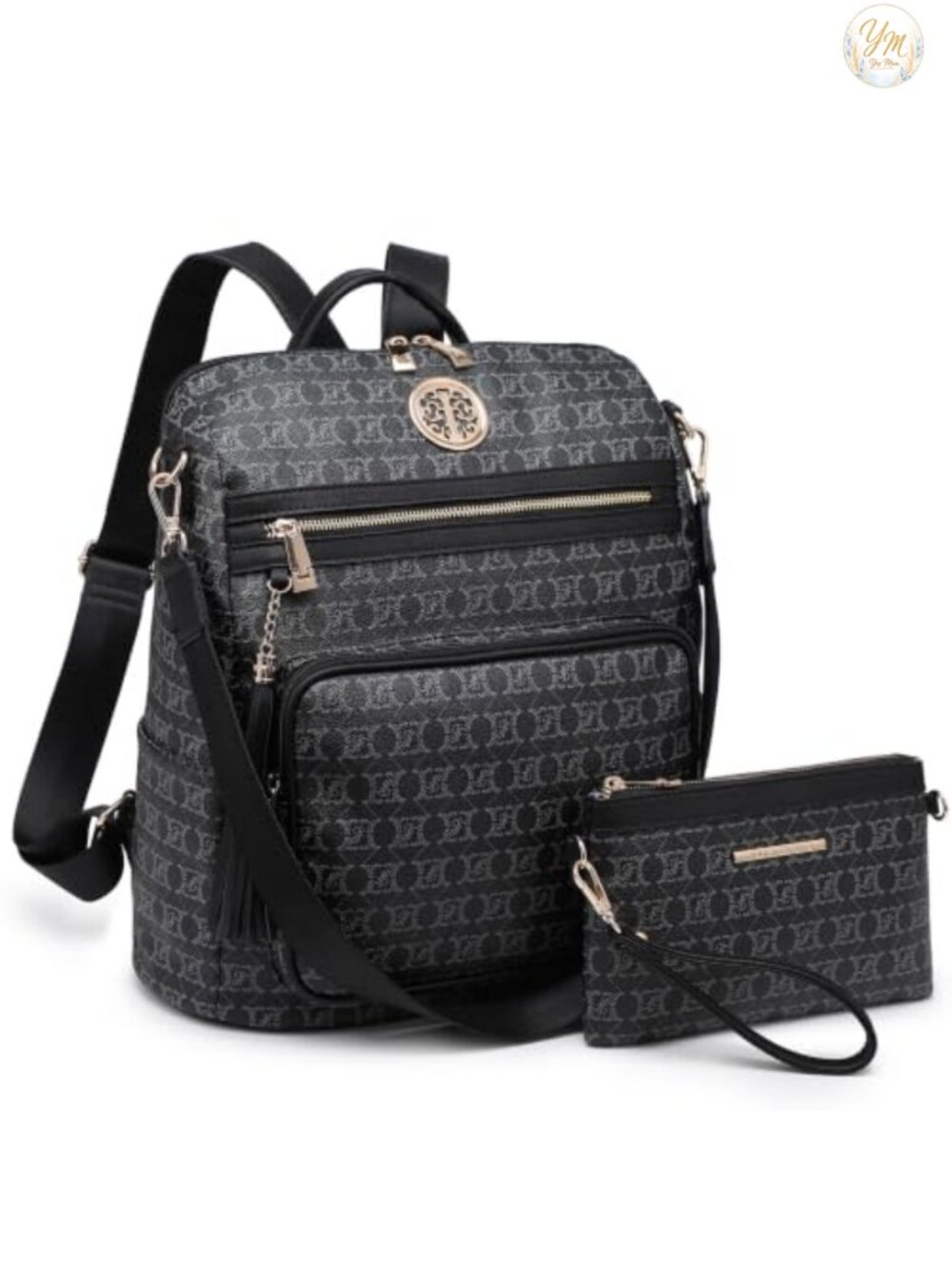 Convertible PU Leather Backpack Purse with Wristlet, Large Travel Handbag 2PC